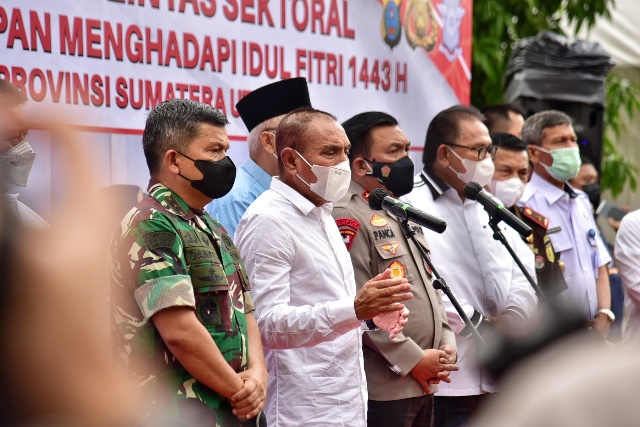 Gubernur Sumut, Edy Rahmayadi, memberikan keterangan usai Rakor persiapan Idul Fitri di Mapolda Sumut