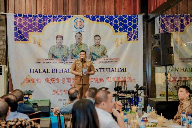 Wali Kota Medan, Bobby Nasution, memberikan sambutan pada halal bi halal DPD REI Sumut