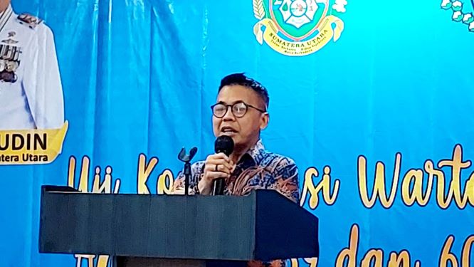 Direktur UKW, Firdaus Komar, berikan sambutan pada pelaksanaan UKW angkatan 59 & 60 PWI Sumut