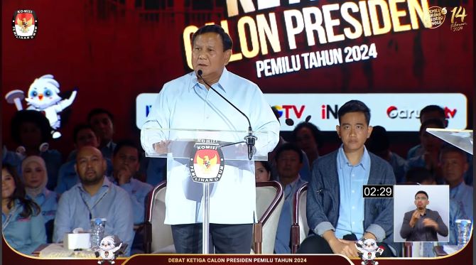 Prabowo Subianto saat debat Capres ketiga