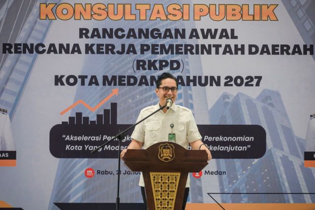 Wali Kota Medan, Rico Tri Putra Bayu Waas, pada forum Konsultasi Publik Rancangan Awal RKPD Kota Medan Tahun 2027