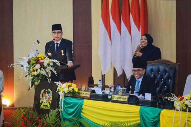 Wali Kota Medan, Rico Tri Putra Bayu Waas, pada sidang paripurna HUT ke 436 Kota Medan