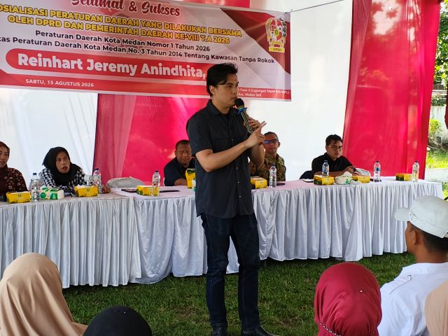 Bendahara Fraksi PSI DPRD Kota Medan, Reinhart Jeremy Anindhita, gelar Sosialisasi Perda ke VIII TA 2026 di Medan Deli 1