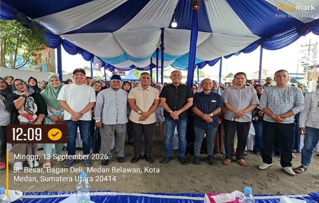 Sekretaris Fraksi Partai NasDem DPRD Medan, Saipul Bahri, foto bersama usai Sosper IX TA 2026 di Bagan Deli Belawan